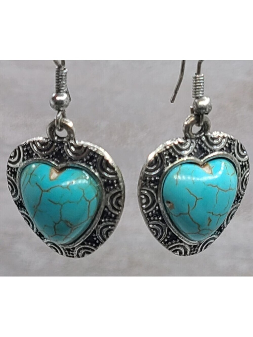 Turquoise Blue Heart Cabochon Dangle Earrings Silver Tone Western Cowgirl Boho